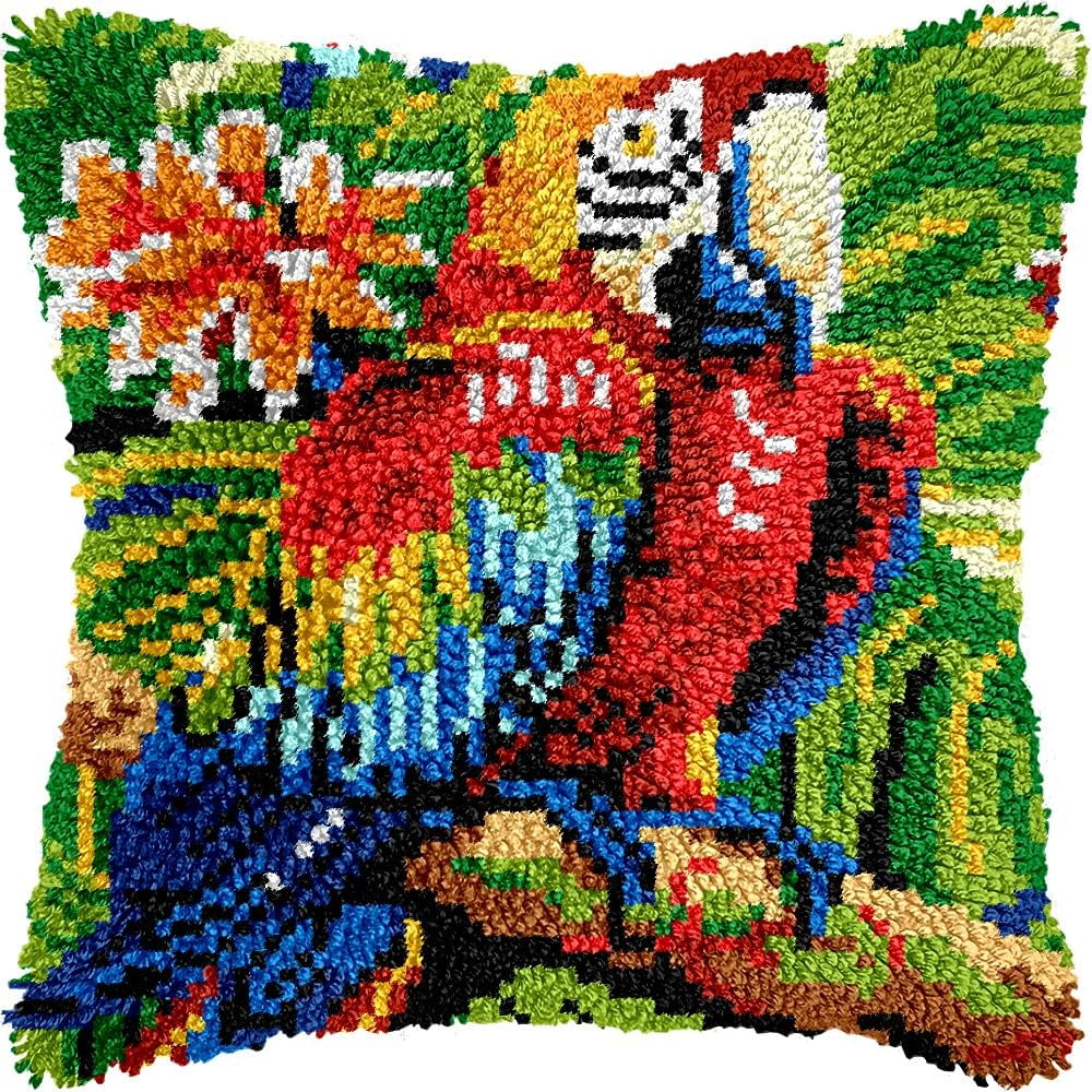 Parrot Bird on Tree Latch Hook Kits Pillow kits Cushion Throw Pillow Embroidery Craft Kits DIY Kits of DIY Hooking Pillowcase Cover Supplier with Color Printed Canvas 43x43cm (217)