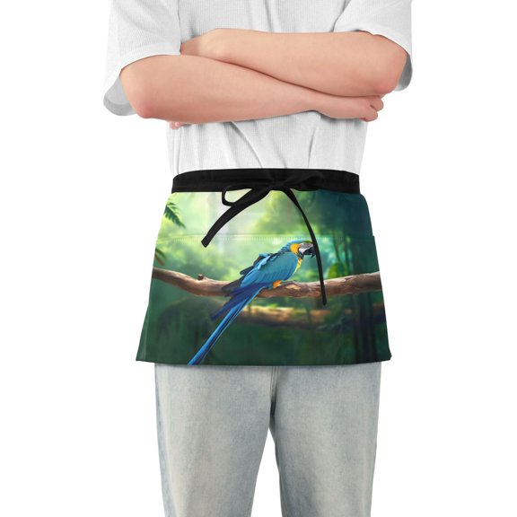 Parrot Bird on Branch Server Apron with 3 Pockets Waterproof Waitress Waist Short Apron for Man Woman 12 Inches