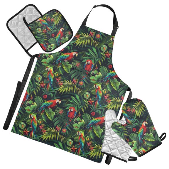 Parrot Birds in Jungle 5 Pcs Kitchen Set Heat Resistant Oven Mitts and Non-Slip Pot Holders with Adjustable Cooking Apron