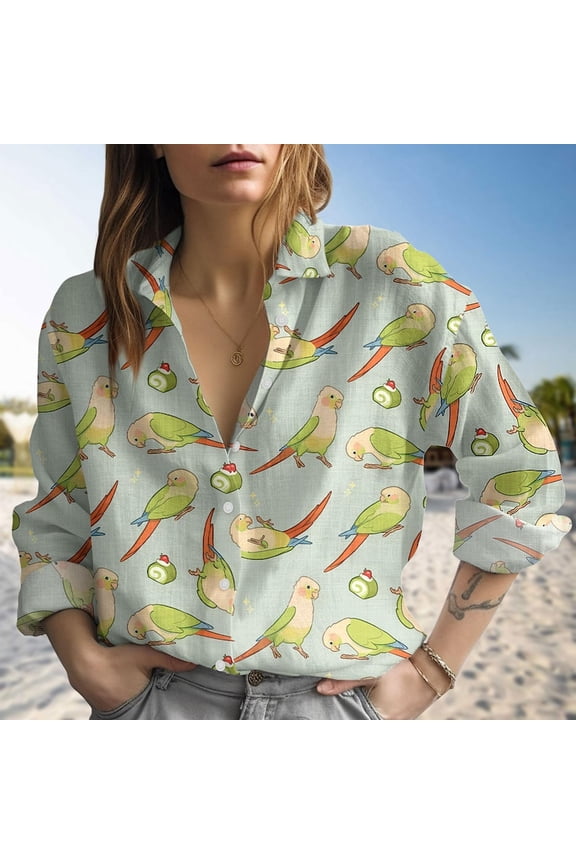 Parrot Blouses Shirt, Green Bird Women Casual Shirt, Women's Clothing, Button Up Shirt, Long Sleeve Shirt, Gift For Her