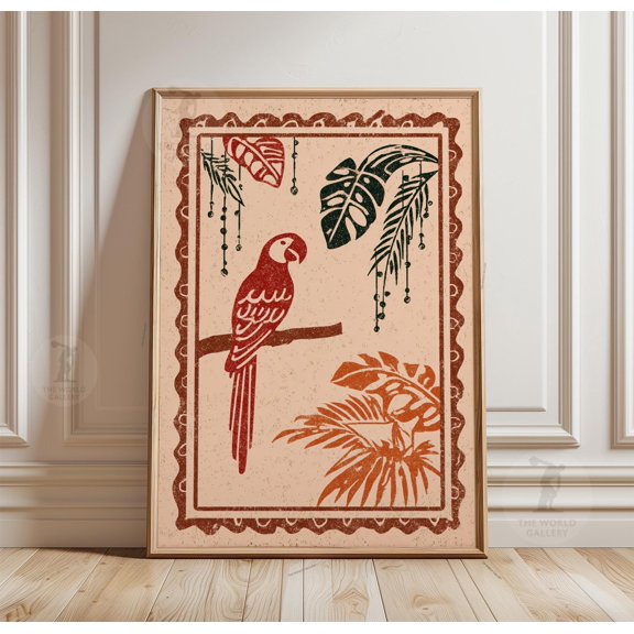 Parrot Botanical Print, Indigo Folk Art Linocut Style Poster, Poster Only