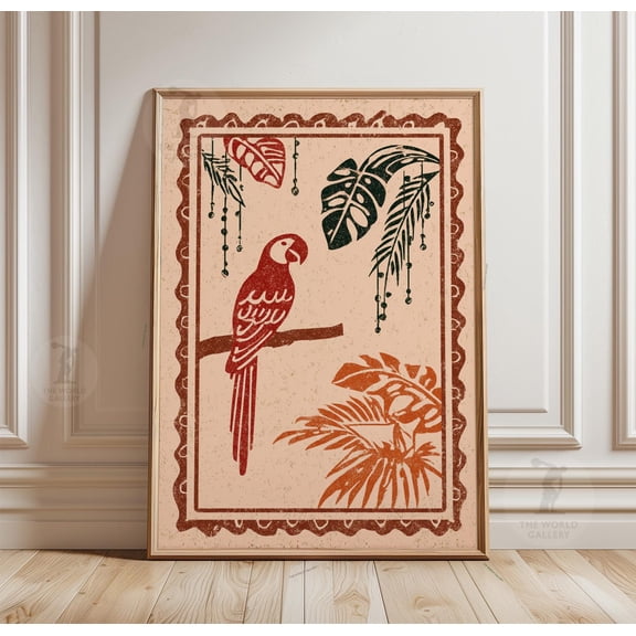 Parrot Botanical Print Indigo Folk Art Linocut Style Poster