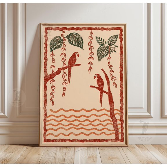 Parrot Botanical Print, Textured Linocut Style, Folk Art Poster, Poster Only