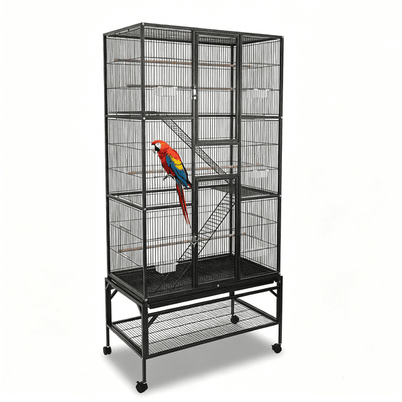 Parrot Cage 69.5 Inch Heavy Duty Cockatiel Cage, Large Bird Cage with Rolling Stand, Bird Flight Cage with Storage Shelf for Conure Lovebird Macaw