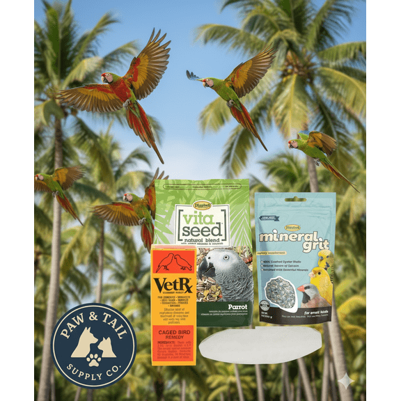 Parrot Care Bundle 10 Cuttlebone, Mineral Grit, VetRx & Vita Seed Parrot Food Large Birds