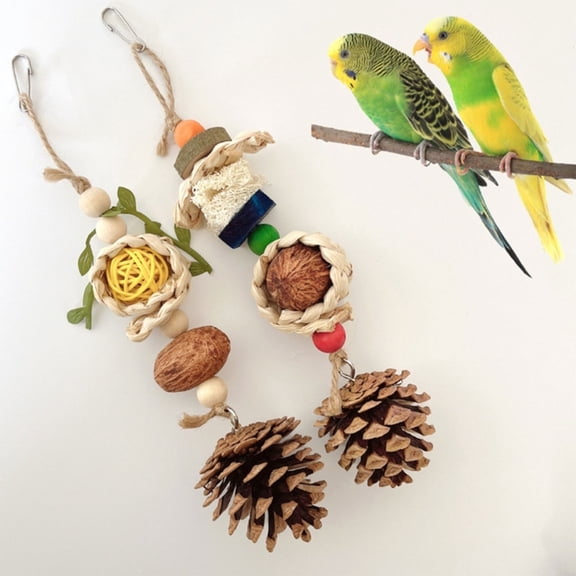 Parrot Chew Toys, Natural Corn Husk Pine Cone Rattan Ball Bite String, Bird Beak Grinding String Pet Toys with Loofah Hanging Pine Cone Design for Parakeets Cockatiels Conures Budgies Macaws