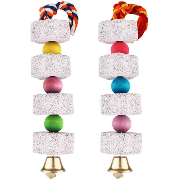 Parrot Chewing Toy, Bird Beak Grinding Stone with Bell, Lava Block Calcium Supplement Food for African Greys Amazon Conure Eclectus Budgies Parakeet Cockatiel Hamster Chinchilla Rabbit, 2 Pack