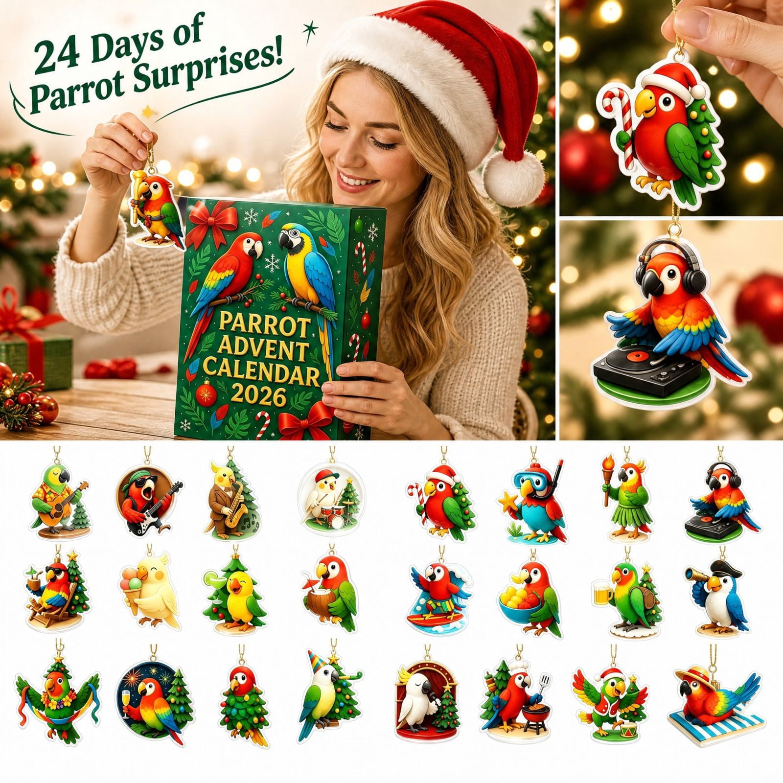 Parrot Christmas Advent Calendar, 2D Flat Bird Ornaments, Daily ...