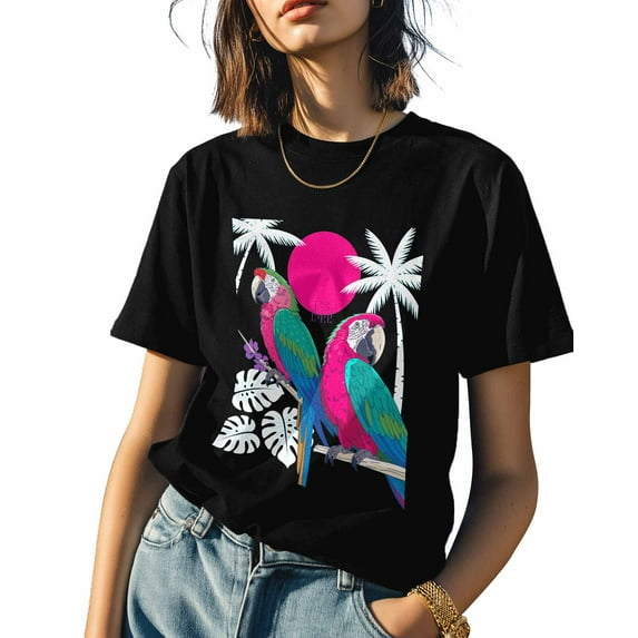 Parrot Coconut Tree Womens Tshirt Graphic Tees Cotton Crew Neck T-Shirts, Casual Short Sleeve Shirts for Women Teen Girl Sun Tropical Leaf