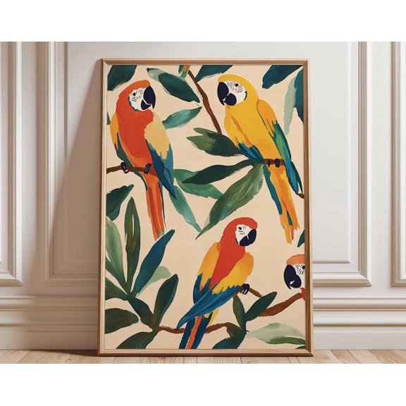 Parrot Colorful Tropical Birds Vibrant Animal Botanical Exotic Bird Wall Art Print, Unframed Paper Poster 8x10in