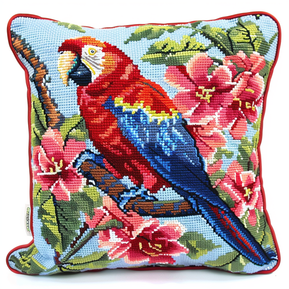 Parrot Cross Stitch Throw Pillow Case Kits , 45X45cm , Needlepoint Craft Set Handmade Craft for Sofa Home Decor (11 Count)