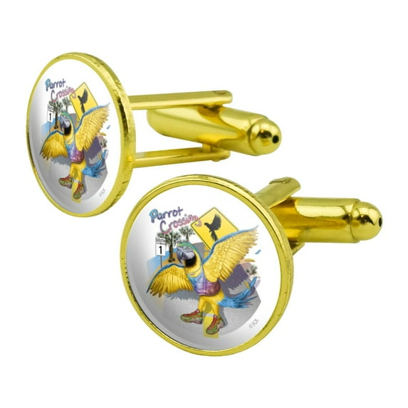 Parrot Crossing Sunglasses Tropical Vacation Route 1 Round Cufflink Set Gold Color