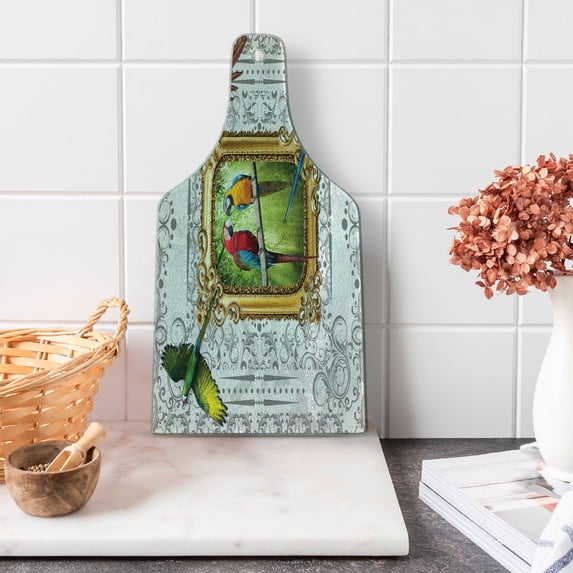 Parrot Cutting Board, Exotic Colorful Birds on Branch and Flies Photo in Classic Antique Ornamental Frame, Decorative Tempered Glass Cutting and Serving Board, in 3 Sizes, by Ambesonne