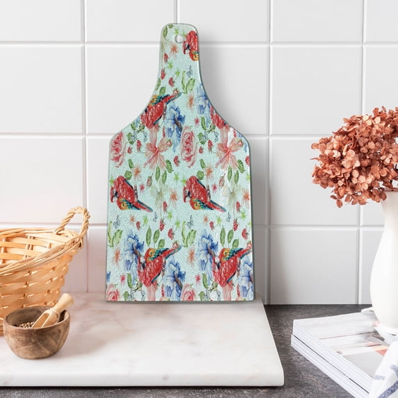 Parrot Cutting Board, Pastel Colored Parrots Iris and Roses on Berry Background Retro Inspired Romantic, Tempered Glass Cutting and Serving Board, Wine Bottle Shape, Multicolor, by Ambesonne