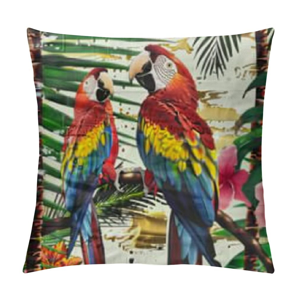 Tropical Vintage Pillow Covers – Set Of 2 Red Hibiscus & Palm Leaf 18x18" Decorative Throw Covers For Sofa