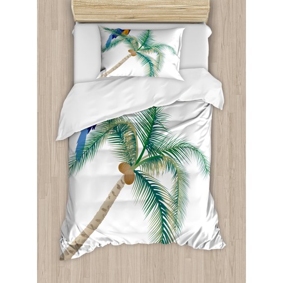 Parrot Duvet Cover Set, Big Parrot Sitting on Coconut Tree Talkative Character of Exotic Design, Decorative 2 Piece Bedding Set with 1 Pillow Shams, Twin Size, White Brown Green, by Ambesonne