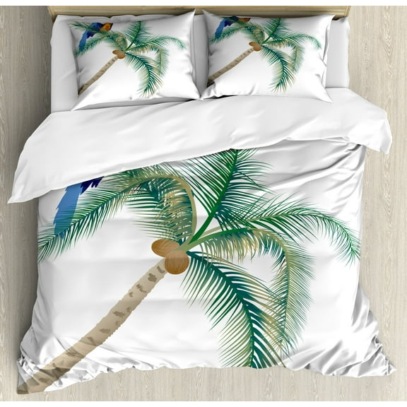 Parrot Duvet Cover Set, Big Parrot Sitting on Coconut Tree Talkative Character of Exotic Design, Decorative 3 Piece Bedding Set with 2 Pillow Shams, Queen Size, White Brown Green, by Ambesonne