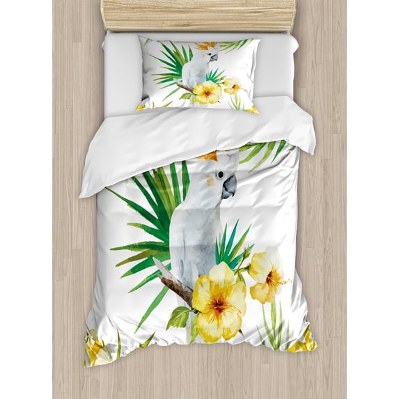 Parrot Duvet Cover Set, Hibiscus with Bird Intelligent Mimic Animals Creatures Wild Regions Art, Decorative 2 Piece Bedding Set with 1 Pillow Shams, Twin Size, White Yellow Green, by Ambesonne