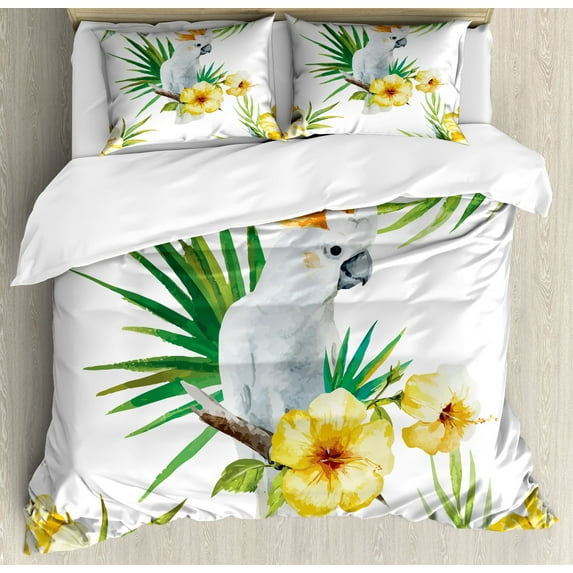Parrot Duvet Cover Set, Hibiscus with Bird Intelligent Mimic Animals Creatures Wild Regions Art, Decorative 3 Piece Bedding Set with 2 Pillow Shams, King Size, White Yellow Green, by Ambesonne
