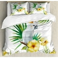 thumbnail image 1 of Parrot Duvet Cover Set, Hibiscus with Bird Intelligent Mimic Animals Creatures Wild Regions Art, Decorative 3 Piece Bedding Set with 2 Pillow Shams, Queen Size, White Yellow Green, by Ambesonne, 1 of 3