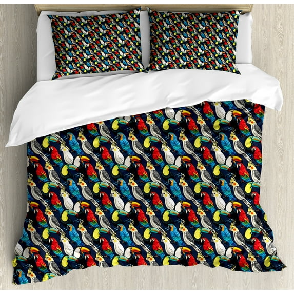 Parrot Duvet Cover Set, Print of Exotic Colorful Birds Toucan Macaw Cockatoo Illustration, Decorative 3 Piece Bedding Set with 2 Pillow Shams, King Size, Pastel Yellow and Multicolor, by Ambesonne