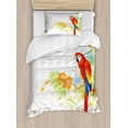 thumbnail image 1 of Parrot Duvet Cover Set, Summer Background with Floral Ornaments and Wise Smart Parrot on Tree Branch, Decorative 2 Piece Bedding Set with 1 Pillow Shams, Twin Size, Cream Red Green, by Ambesonne, 1 of 3