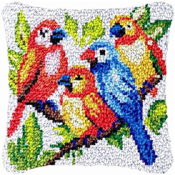 Parrot Family Latch Hook Kits Pillow DIY Rug Cushion Making Kits with preprinted Pattern Canvas Instruction Yarns and Latch Hooking Pillow Cover Easy to Start DIY Home Decor Kits 43x43cm