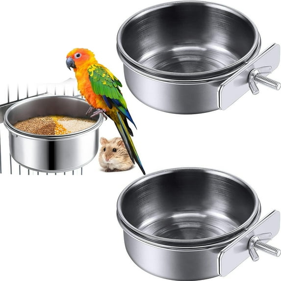 Parrot Feeding Cups,Happon 2 Pack Birds Food Dish,Stainless Steel Bird Feeder,Water Cage Bowls with Clamp Holder for Cockatiel Conure Budgies Parakeet Parrot Macaw Small Animal Chinchilla
