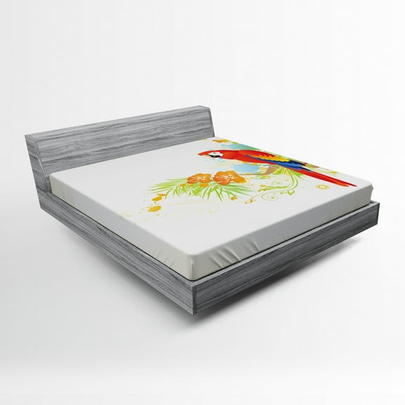 Parrot Fitted Sheet, Summer Background with Floral Ornaments and Wise Smart Parrot on Tree Branch, Soft Decorative Fabric Bedding, Full Size, Cream Red Green, by Ambesonne