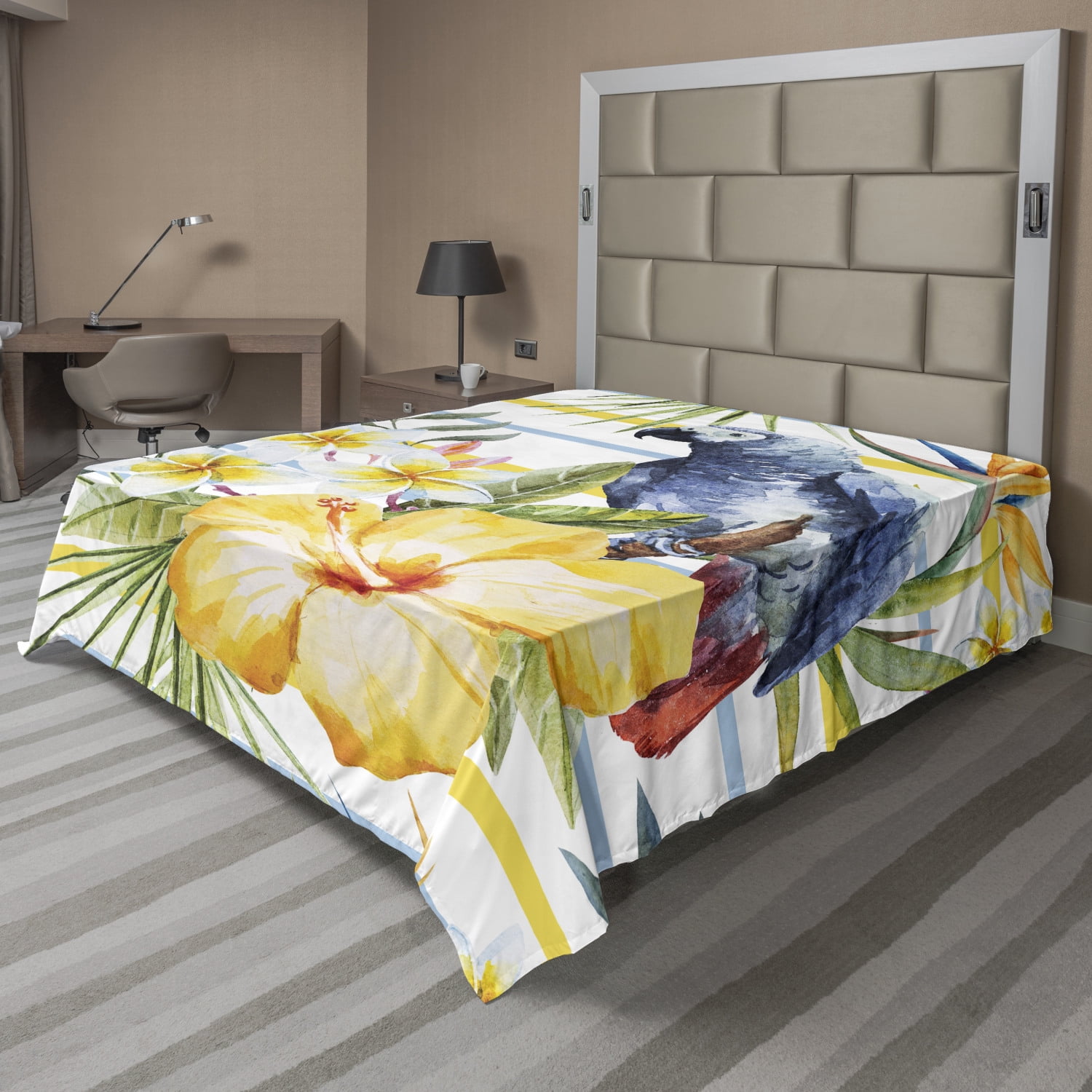 Parrot Flat Sheet, Tropic Pattern Bird Orchids and Hibiscus Flowers