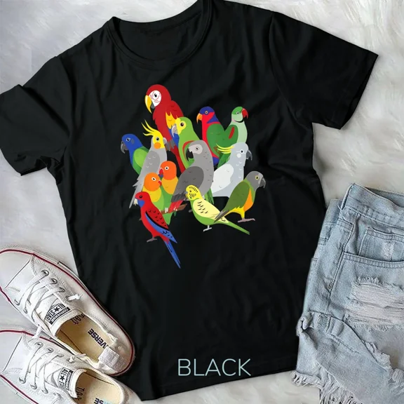 Parrot Flock, Macaw, Cockatoo, African Grey, & Budgie Themed Graphic Unisex T-Shirt