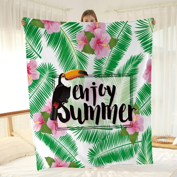 Parrot Floral Blanket Tropical Pink Flowers Decor Throw Gifts for Women Kids Girls Green Plants Leaves Foliage Enjoy Summer Decoration for Bedroom Super Soft Plush Blanket 50"x60"
