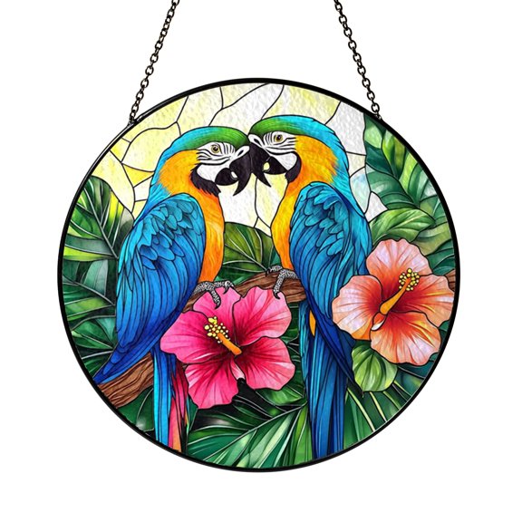 Parrot Floral Stained Glass Style Suncatcher – Round Tropical Window Hanging