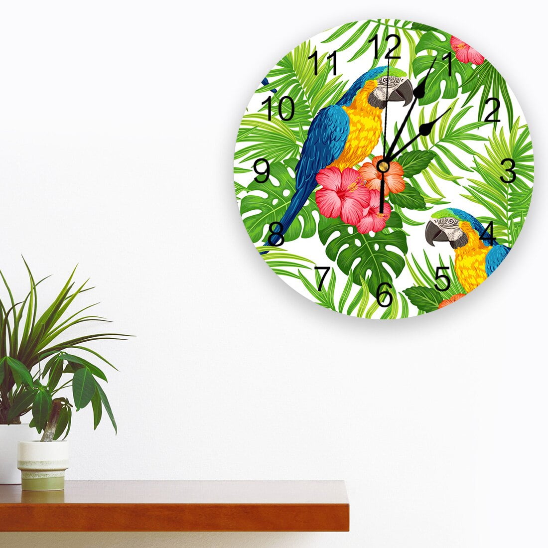 Parrot Flowers Tropical Plant Leaves Wall Clock Home Decor Silent Wall