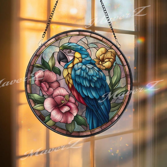 Parrot Glass Suncatcher, Round Tropical Bird Window Panel With Hibiscus Flowers, Exotic Colorful Home Decor Gift, Suncatcher Window Hanging, 3.5 in