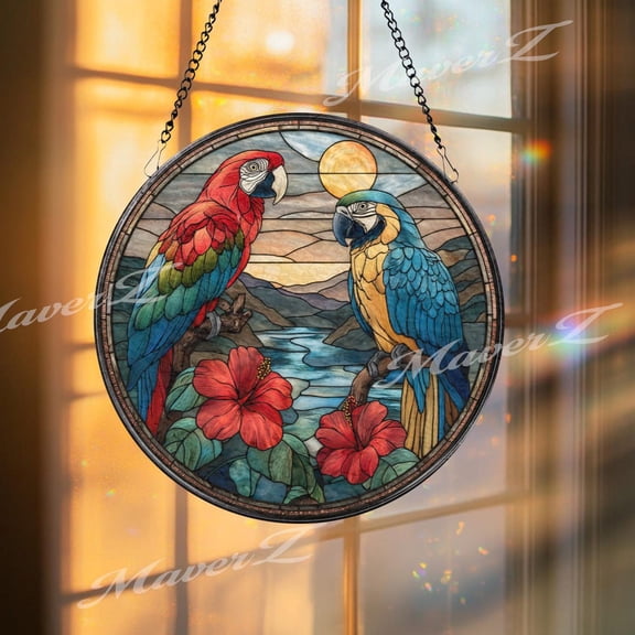 Parrot Glass Suncatcher, Round Tropical Birds Window Panel With Hibiscus Flowers, Colorful Jungle Art Glass Hanging, Suncatcher Window Hanging, 3.5 in