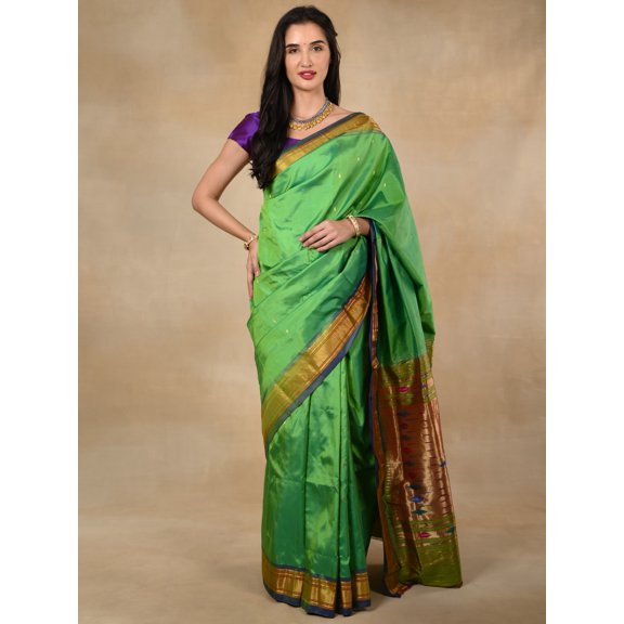 Parrot Green Silk Paithni Sari with Sheen Golden and Violet Border and Golden Zari Mor Big Butta, Kairi Butta and Mor Kunda Motifs
