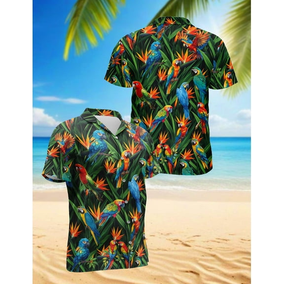 Parrot Hawaiian Shirt for Men, Button Down Summer Beach Short Sleeve, S-5XL