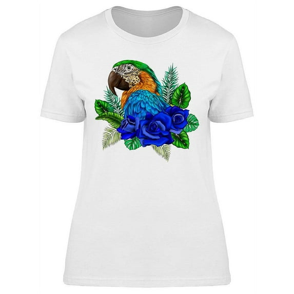 Parrot Head And Blue Flowers T-Shirt Women -Image by Shutterstock, Female Large