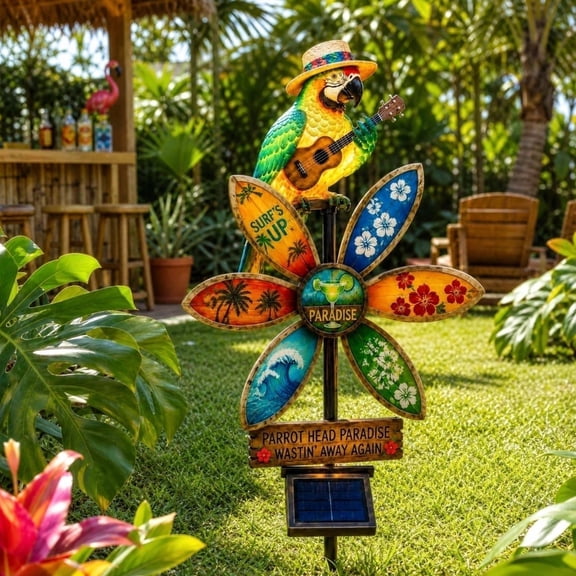 Parrot Head Paradise Solar Windmill Garden Light, Spinning Tropical Parrot Outdoor Stake, Auto On/Off Waterproof Decor for Tiki Bar, Patio & Garden