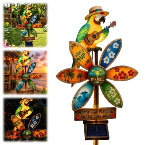 Parrot Head Paradise Solar Windmill Garden Light, Spinning Tropical Parrot Outdoor Stake, Auto On/Off Waterproof Decor for Tiki Bar, Patio & Garden