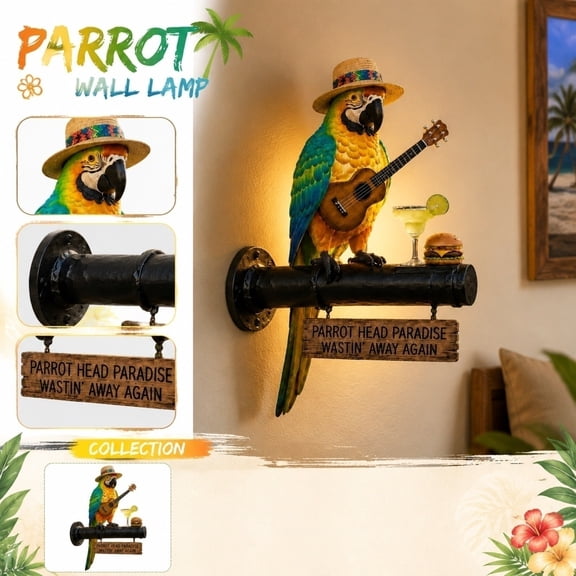 Parrot Head Paradise Wall Lamp, Guitar-Playing Parrot with Burger on Industrial Pipe Base, Tropical Themed Decorations for Bar & Man Cave, 7.9" x 5.9" Resin Sculpture Light