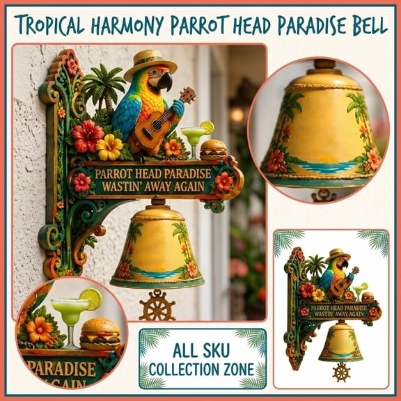 Parrot Head Paradise Wastin Away Again Decorative Hanging Bell, Tropical Coastal Wall Bell with Palm Tree for Beach House Patio Tiki Bar