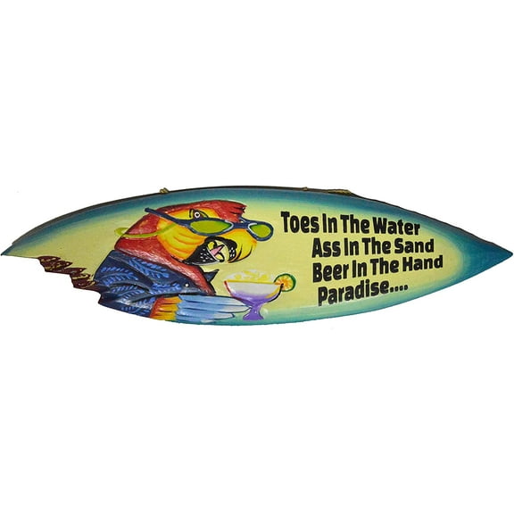 Parrot Head Toes in The Water As in The Sand Tiki Bar Sign Surfboard Surf Board with Shark Bite