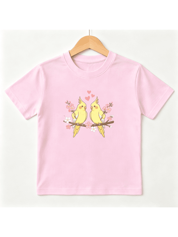 Parrot Love Girls Graphic Tee, Cute Parakeet Bird Floral Branch 100% Cotton Kids Short Sleeve T-Shirt
