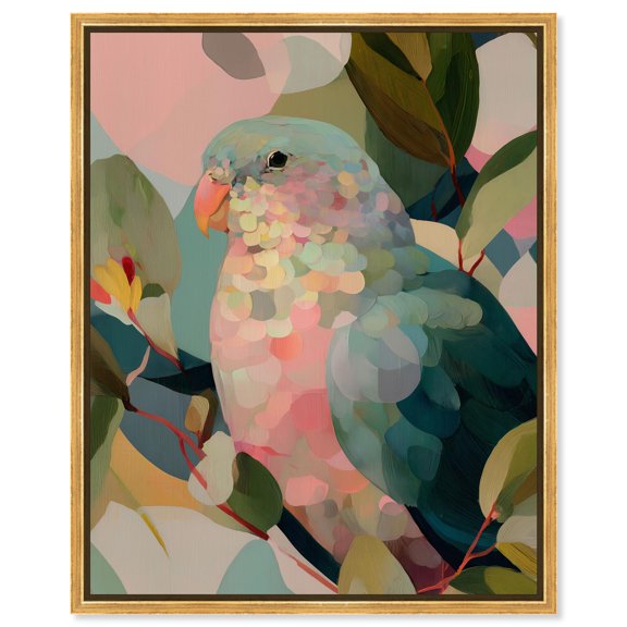 Parrot Pastel Greens II Canvas Print Tropical Decor by Art Remedy, Gold Frame, 20 x 24
