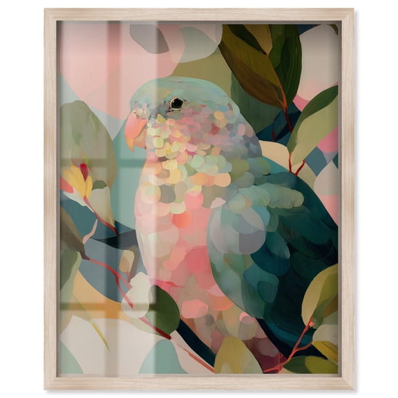 Parrot Pastel Greens II Shadowbox Print Tropical Decor by Art Remedy, Blonde Frame, 24 x 30
