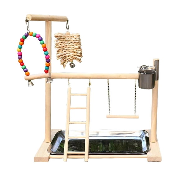 Parrot Play Gym, 14.17 x 16.14 in Wooden Stand, Encourages Exercise & Healthy Activity, Interactive Toy for Pet Birds