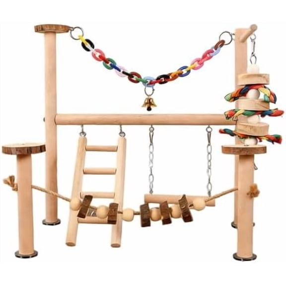 Parrot Playstand, 2-Level, Natural Wood, Modular, Detachable, Tabletop, Beige