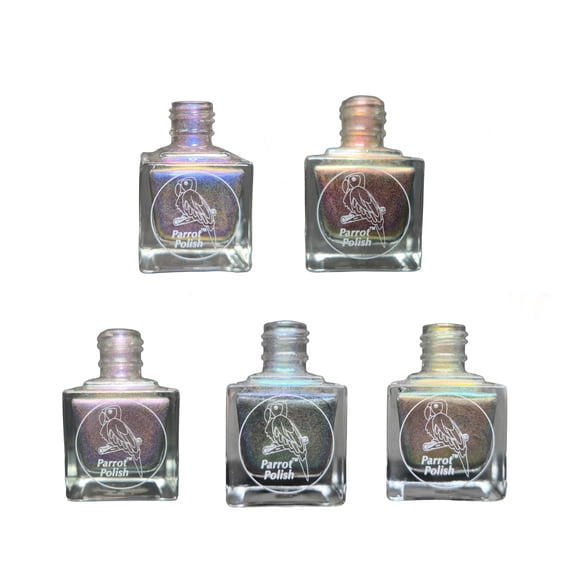 Parrot Polish Holographic Nail Polish Collection, Shimmering Quick Dry Lacquer, Long Lasting Chrome Shimmer Nail Enamel, Set of 5 Polishes